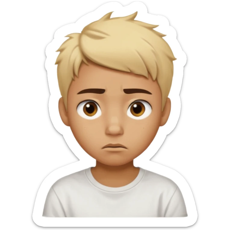 caramel skin color. Teen age. Short buzz, messy blonde hair, dark brown bushy eyebrows large expressive golden-brown eyes, brown skin color, scar over nose, wearing a plain white t-shirt. Disappointed thinking facial expression. caramel skin color sticker