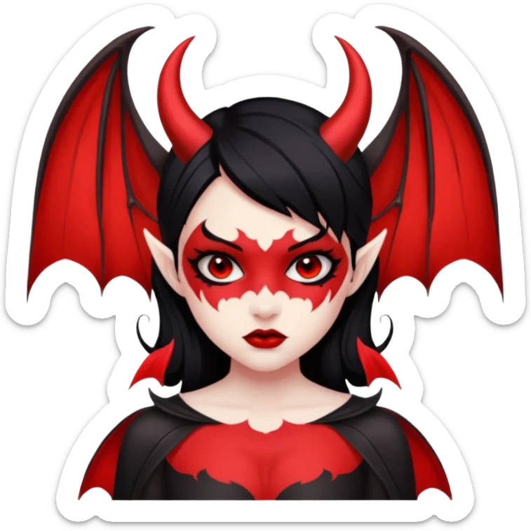Demon girl: red skin, black hair, small horns, bat wing; tattoo-flash comic style; red/black palette; bold outlines; dark background; no text. sticker