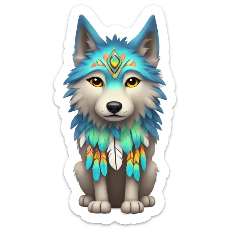 Fluffy Shy Colorful Spiritual Wolf With Shiny Tribal Markings wearing feathers Full Body sticker