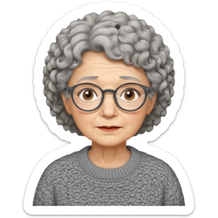 Old woman, solemn, wearing glasses and sweater, short curly hair sticker