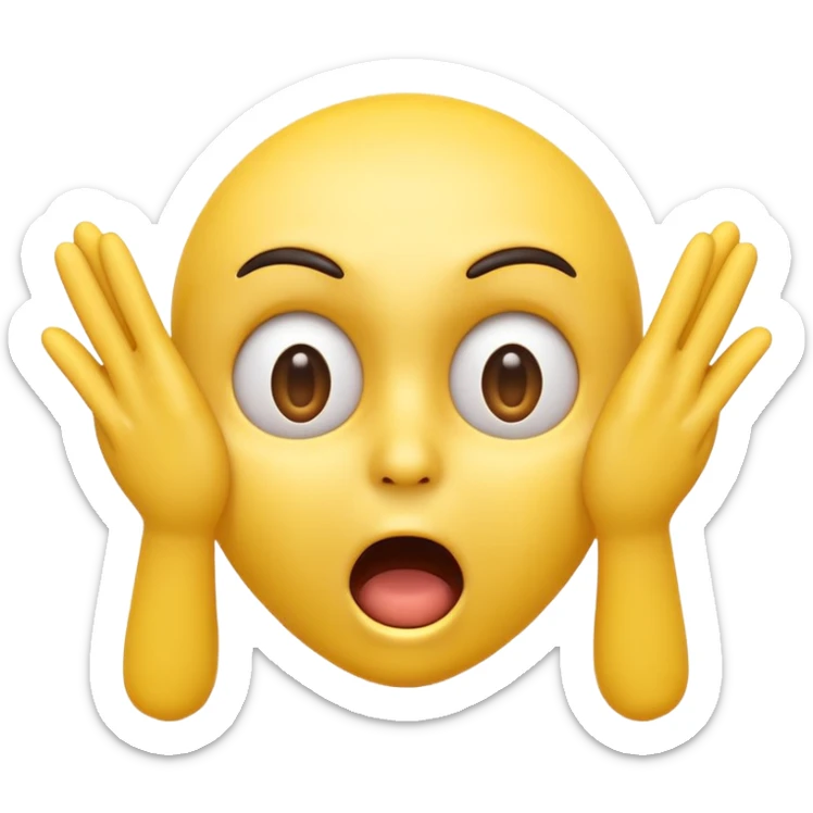 A 3D glossy yellow emoji of a shocked horrified face, with mouth and eyes are wide open, eyebrows  raised, and hands against their face, black background, high quality, soft studio lighting sticker