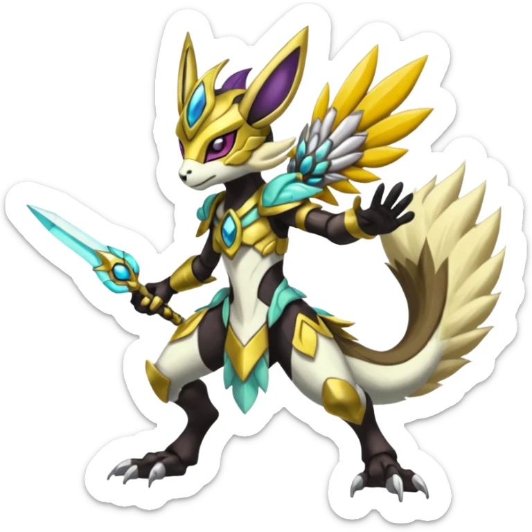Colorful masked armored leathery scaly furry Meloetta-Manectric-Solgaleo-Raikou-Pokémon-Digimon-Fakémon-fusion-hybrid-creature sticker