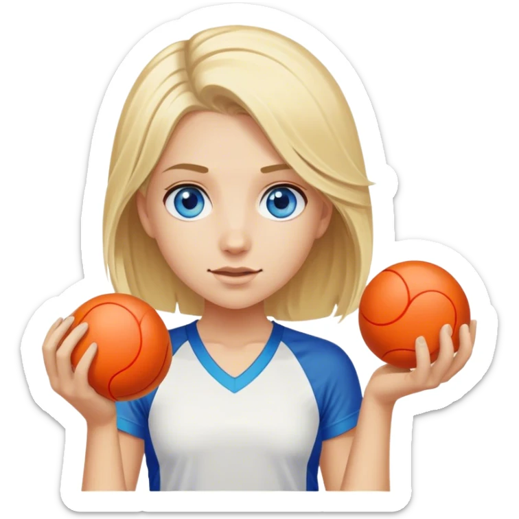 Blond girl with hair parted in the middle of her head and blue eyes holding a pickleball sticker