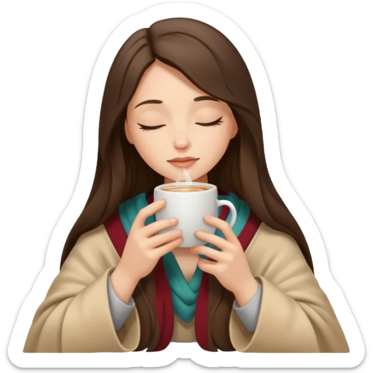 Brunette girl long hair inside a beige blanket sipping coffee eyes closed sticker