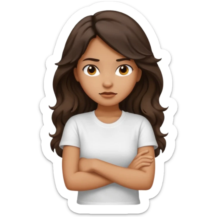 Tan girl dark long wavy hair crossing her arms with slight pout sticker