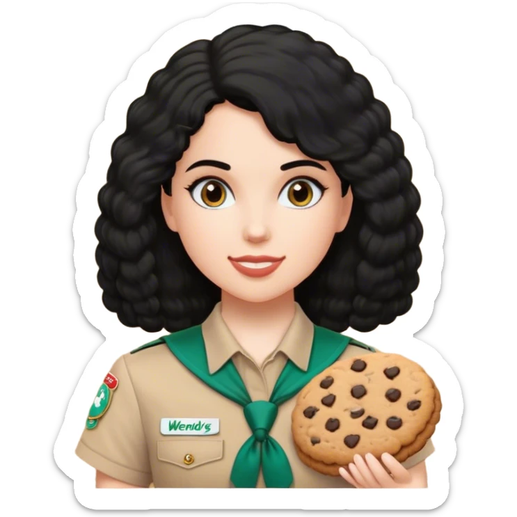 white girl scout selling cookie at Wendy’s big black hair and Wendy’s logo sticker