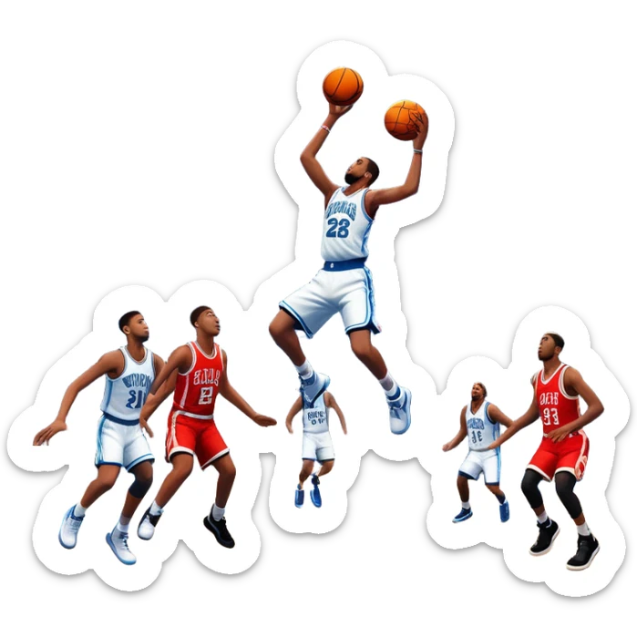 An icon featuring a basketball court with players in action, inspired by NBA 2K25. A player jumps for a dunk, with the ball mid-air. Bright lights illuminate the court, symbolizing the excitement of sports simulation games. Transparent background emphasizes the energy. sticker