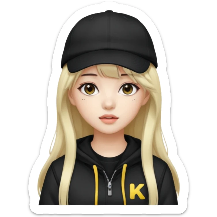 Portrait of a female K-pop idol, wearing a stylish streetwear outfit with layered clothing, long hair with bangs, makeup, wearing a black cap sticker