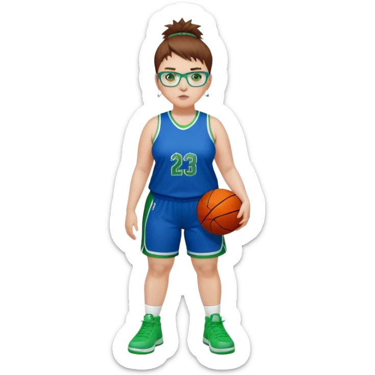 Full Body white plus size Girl with basketball spikey short brown HAIR wearing blue glasses with green eyes wearing blue and green basketball uniform PLAIN WITH GREEN SHOES sticker