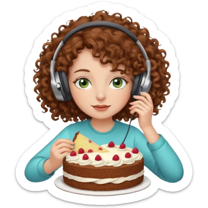 Brown curly hair girl blue green eyes painting sleeping eating dancing listening to misic sticker