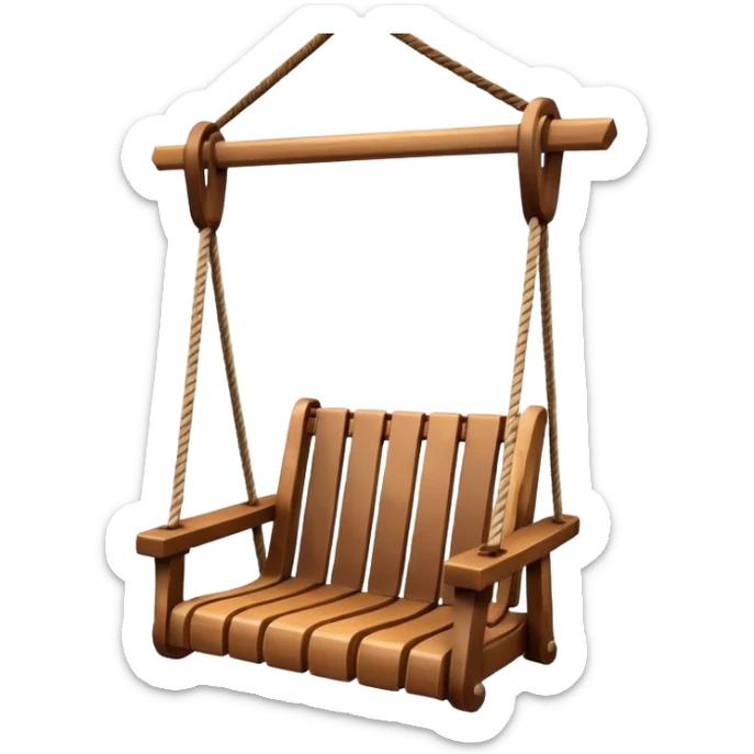 iOS-style 3D emoji: a wooden swing hanging from two ropes, suspended in mid-air, with soft shadows and glossy highlights sticker