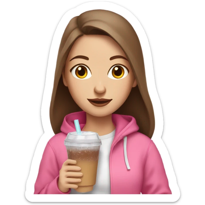 white girl with brown hair in a pink hoodie with iced coffee sticker