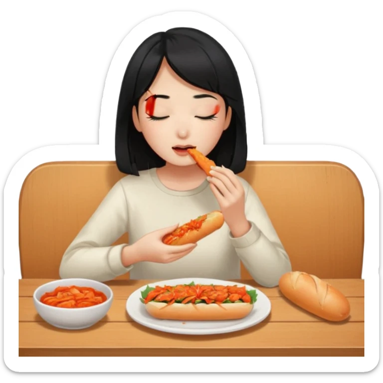 Girl black long hair eat kimchi close eyes baguette sticker