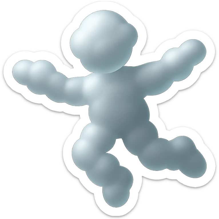 flying person with body and limbs made of small white fluffy clouds, matte glass style, minimalism sticker