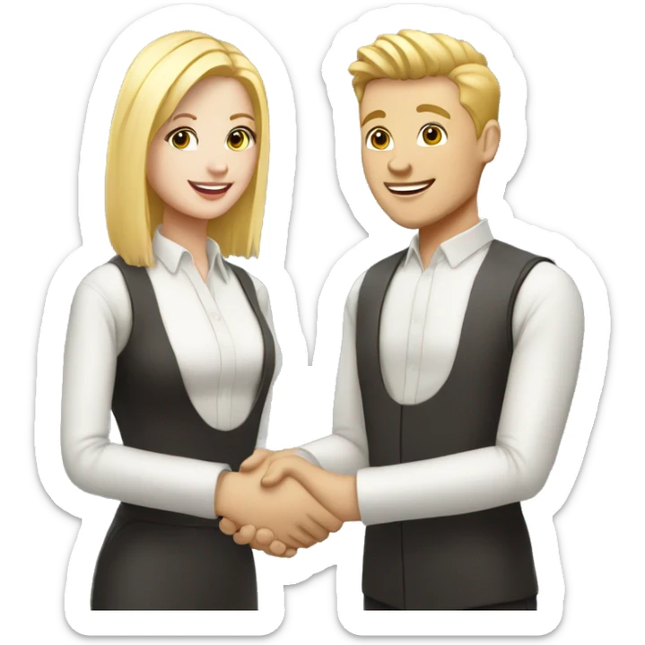 restaurant owner with white skin and blogger with white skin and blonde hair shaking hands in full height sticker