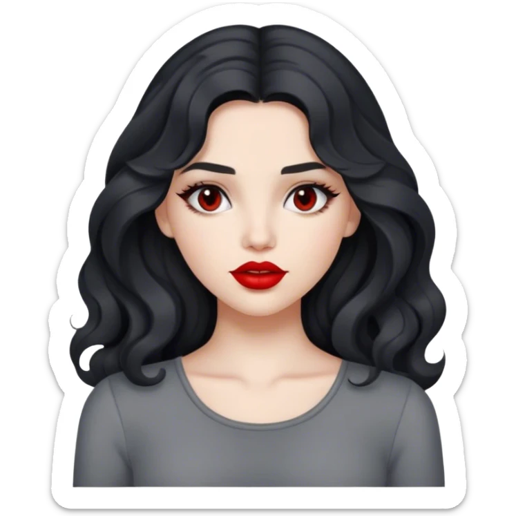 a fair girl with black long wavy hair(not curly) wearing a gray skims top and red lipstick sticker