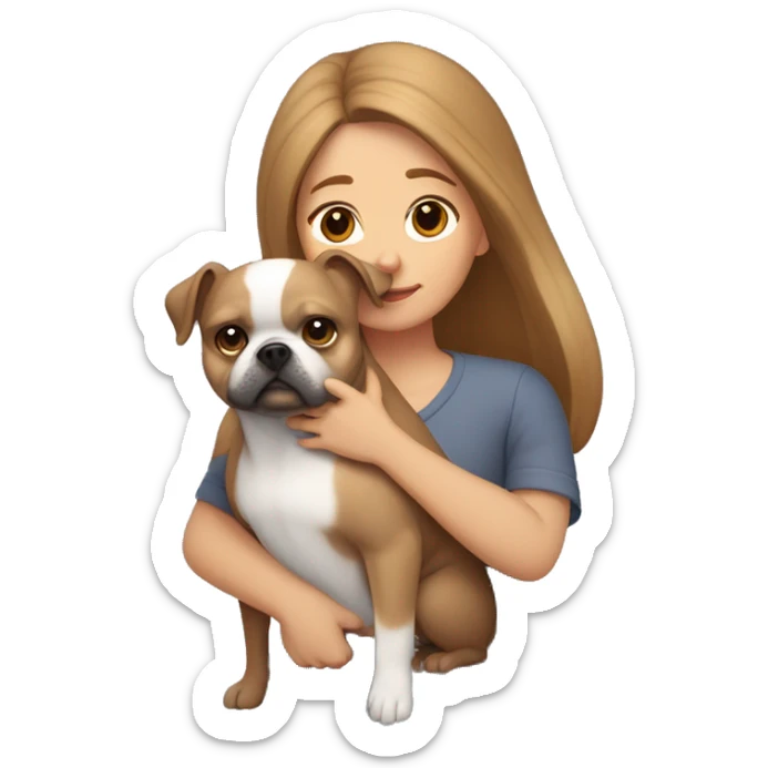 light brown hair woman hugging two dogs: in one arm a pomeranian and in the other a dark gray french bulldog sticker