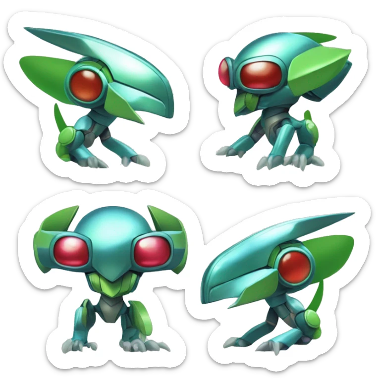 a shiny metallic Genesect-Flygon-Raptor-Fakémon-Medabot-hybrid with a futuristic visor-helmet full body sticker