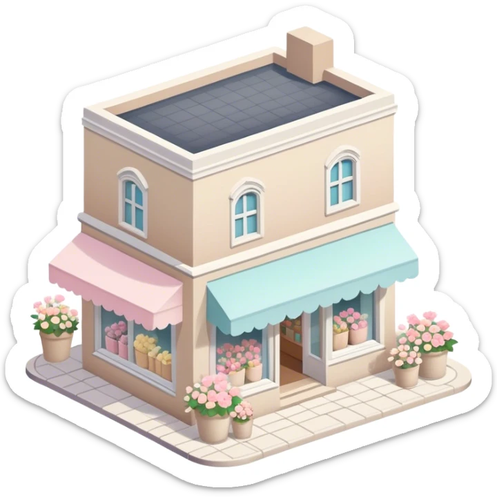 isometric exterior little beige and white shop with abundant pastel florals everywhere sticker