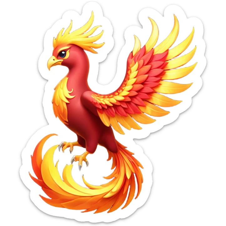 Cinematic Noble fierce & powerful Fire Phoenix Portrait Emoji, Poised and resplendent, with a radiant, fiery plumage in brilliant hues of scarlet, gold, and ember, featuring elongated, elegant tail feathers that flow like molten lava, and piercing, wise eyes reflecting the eternal cycle of rebirth; rendered with lifelike texture and luminous natural highlights, high shine, majestic and awe-inspiring, styled with an aura of mythic resurgence, focused and regal, soft glowing outline, capturing the essence of a legendary phoenix rising from the flames with timeless grace! sticker