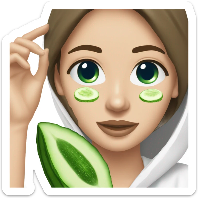 White girl with Brown hair and blue eyes wears a Green clay colored skincare textured mask and puts on cucumbers around her eyes while She relaxes in her white Robe sticker