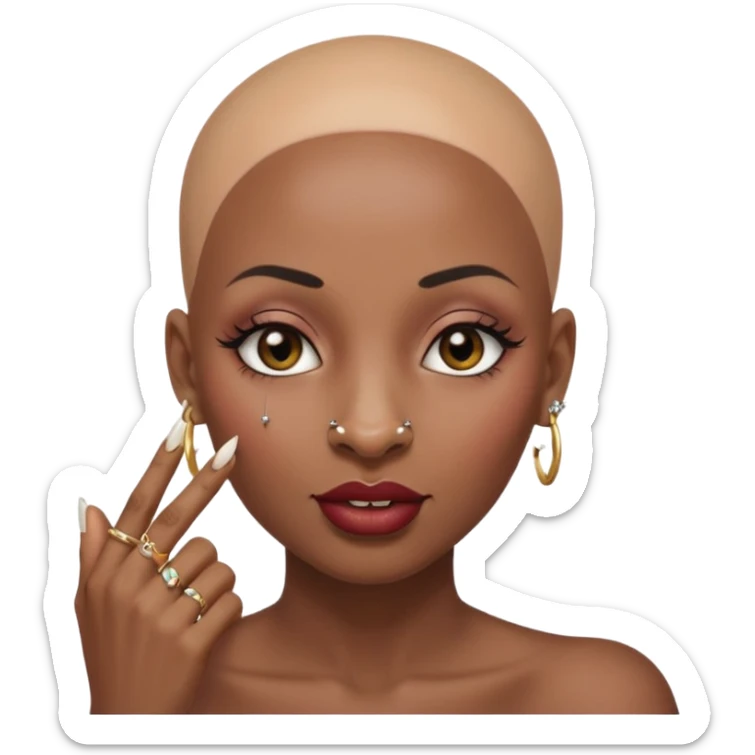 Grown black (proud) woman, bald with a perfect head, a prominent nose with a septum piercing, many piercings on her ears, a gap between her front teeth and very long nails (cynthia erivo) a proud lesbian, with long lashes and her finger tapping the top of her head sticker