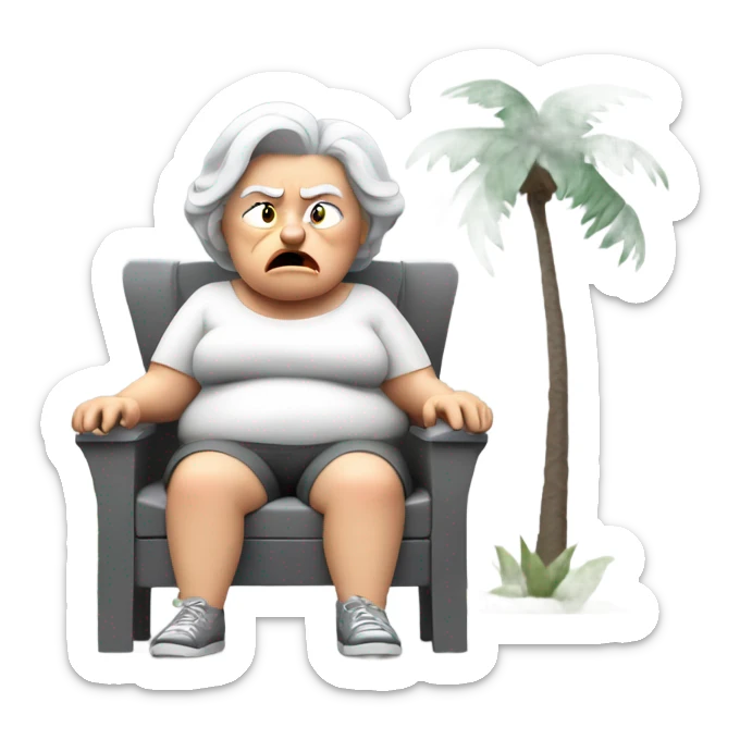 An angry old looking , short fat white lady with grey  hair , with a cigarette in her mouth ,sitting outside next to palm trees , on a grey small plastic chair sticker