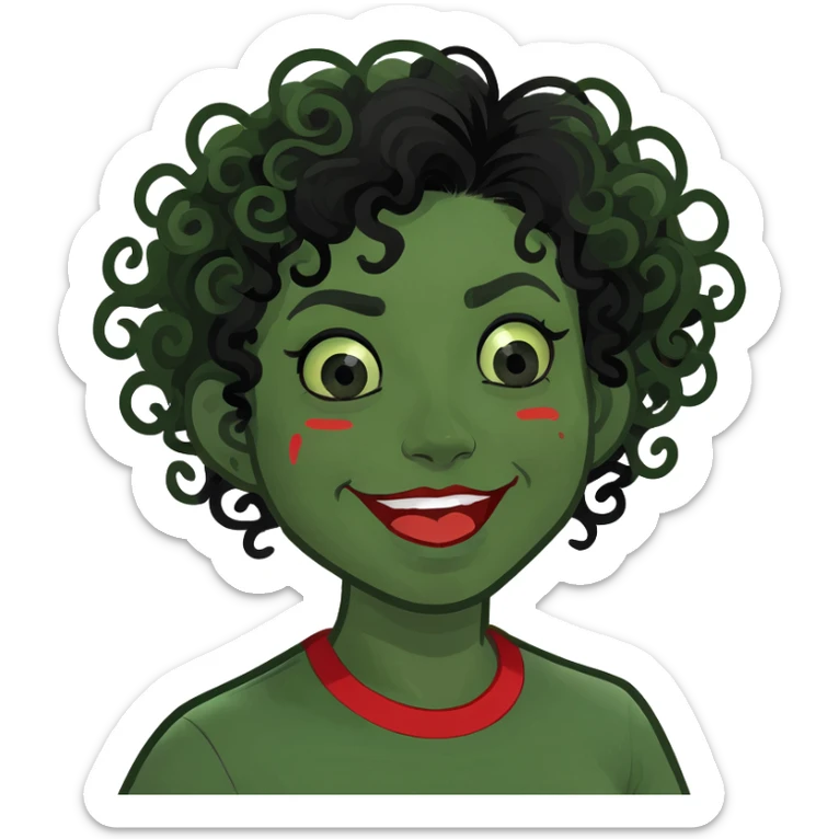 zombie girl with curly black hair and red streaks, memoji style, fun expression sticker