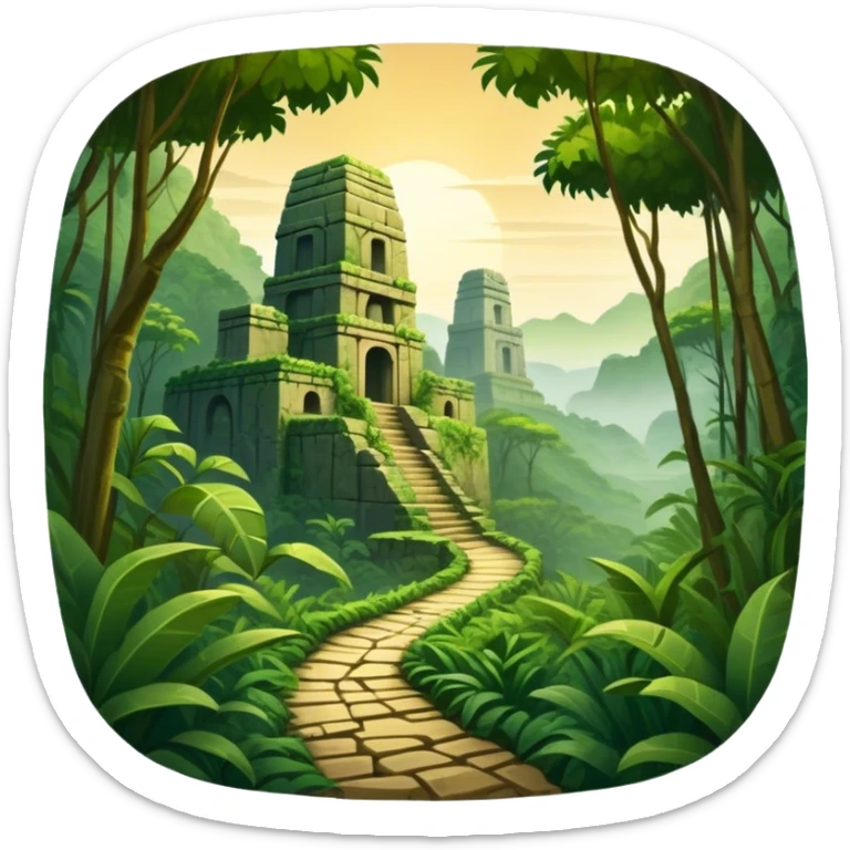 Icon for Adventure Movie: A vintage movie poster-style design with a jungle clearing path, dense foliage surrounding it. In the distance, ancient ruins peek through the trees. The atmosphere is mysterious and adventurous, with soft light cutting through the trees. Transparent background. sticker