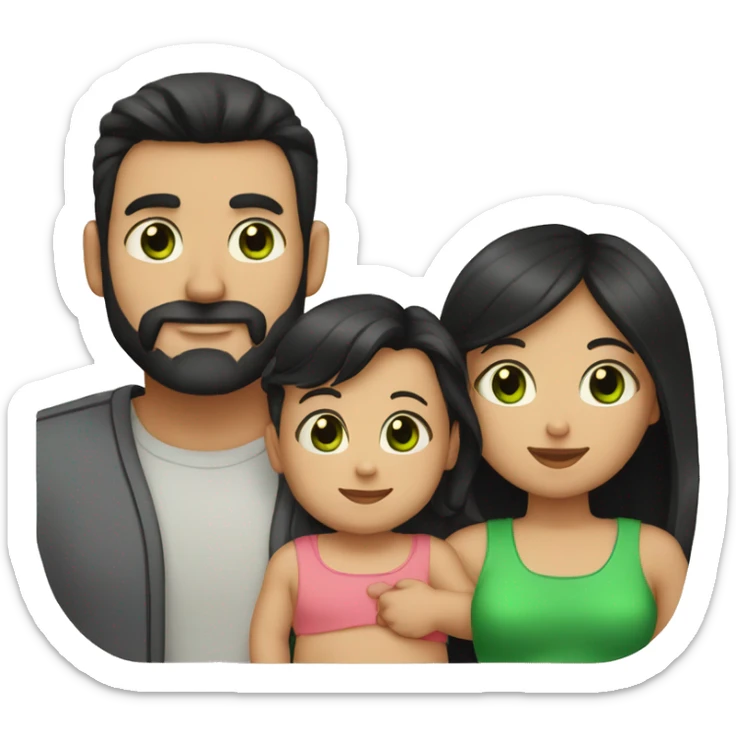 dad with black beard, white skin mom with long straight black hair and green eyes, and small baby with black hair sticker