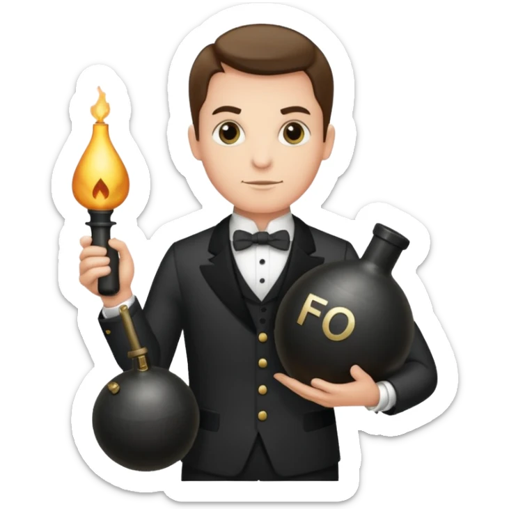 A butler holding an old-fashion bomb with the letters “FO” on the side sticker