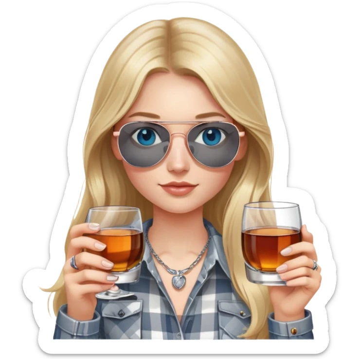 girl with long blond hair, wearing grey/white plaid shirt, with blue eyes and aviator sunglasses, wearing a ring on her silver necklace around her neck, holding a glass of whiskey, wearing rose gold apple watch sticker