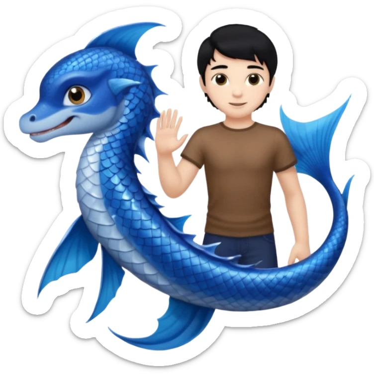 boy, black hair, brown eyes, white skin, Triton, with Triton in hand and blue Triton tail on the side. sticker