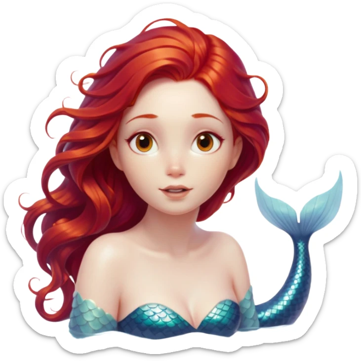 cinematic-realistic-red-hair-mermaid-portrait,-head-tilted-playfully-and-inquisitively,-showcasing-an-ethereal-form-with-finely-detailed,-flowing-red-hair-against-luminous-porcelain-skin.-her-bright,-curious-eyes-sparkles sticker