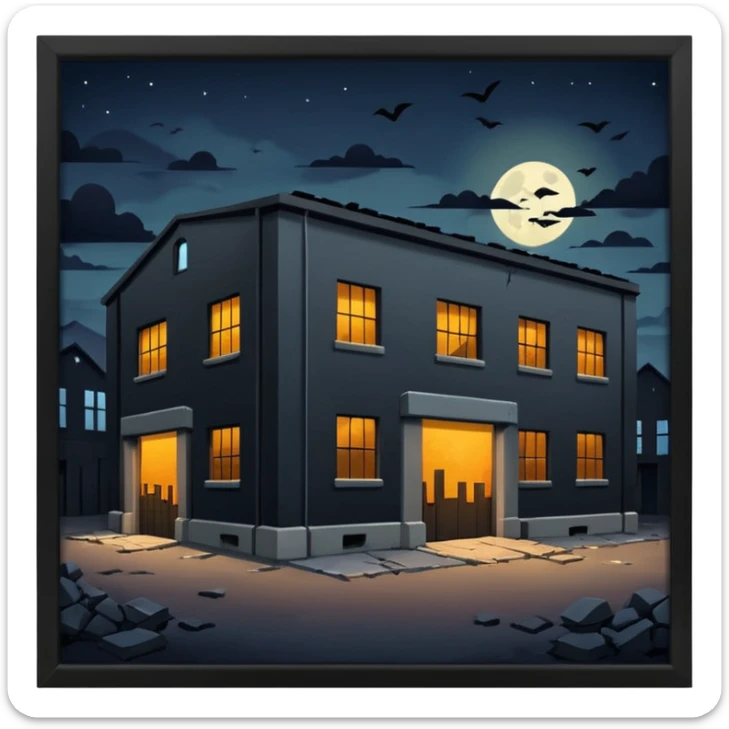 cinematic realistic ultra HD - a warehouse in a secluded place, at night with broken walls sticker