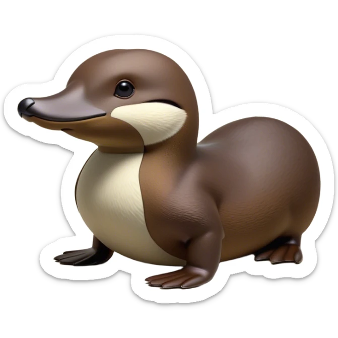 Cinematic Noble Platypus Portrait Emoji, Poised and regal, with a uniquely streamlined build and a sleek, well-groomed brown fur, a distinctive flat duckbill and broad, beaver-like tail, deep-set soulful eyes full of wonder, Simplified yet sharp and sophisticated features, highly detailed, glowing with a soft, dignified glow, high shine, intelligent and enigmatic, stylized with an air of aquatic curiosity, focused and attentive, soft glowing outline, capturing the essence of a watchful and confident oddity, so majestic it feels as though it could glide out of the screen with effortless authority! sticker
