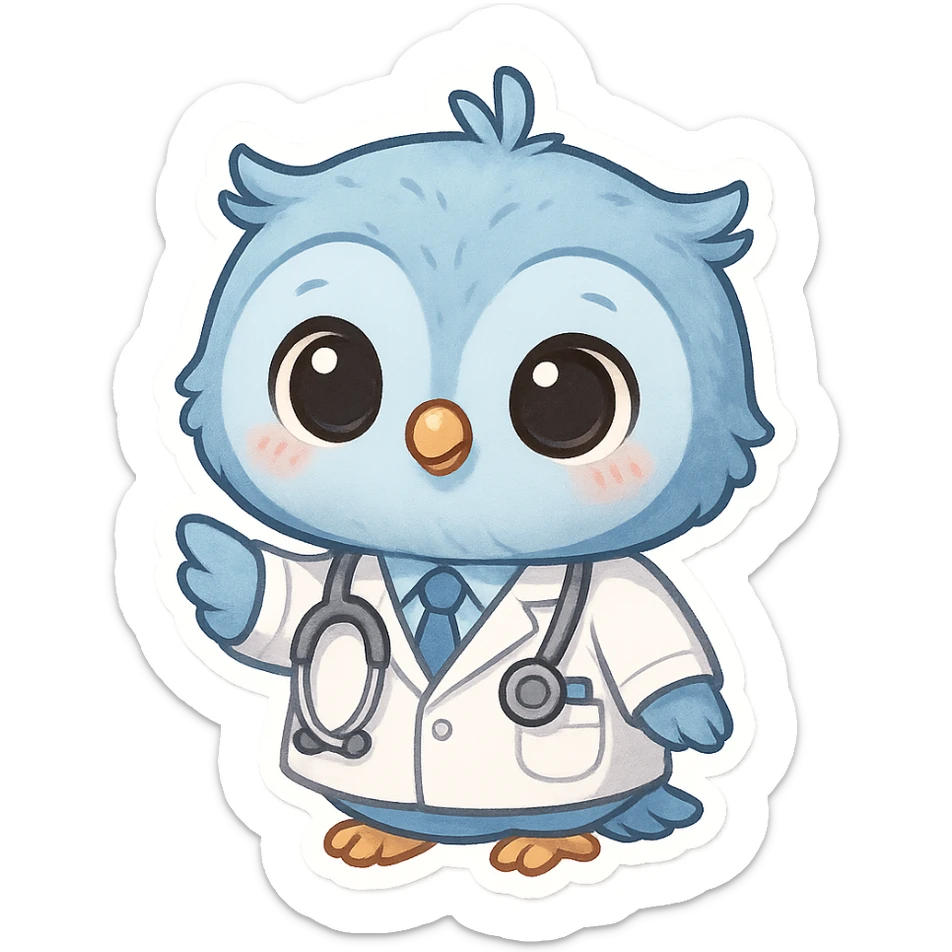 blue baby owl animated, wearing doctor uniform, adorable and cute style sticker