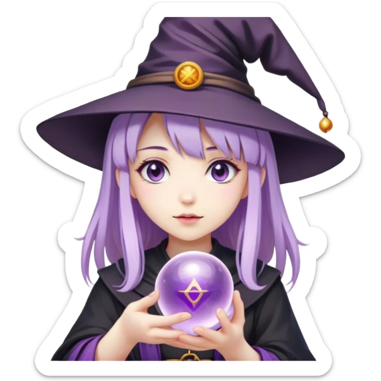 anime girl with lilac hair in a witch hat holding a fortune ball sticker