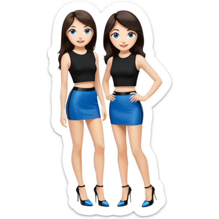 realist caucasian woman, long dark brown hair, blue eyes, black crop top, black tight mini skirt, high heel black patent louboutin, full body, emoji style, smiling expression sticker