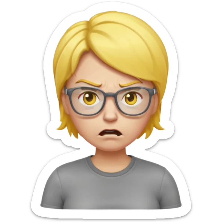 stylized angry mom emoji with yellow hair, glasses, gray shirt and pants, emoji-like expression sticker