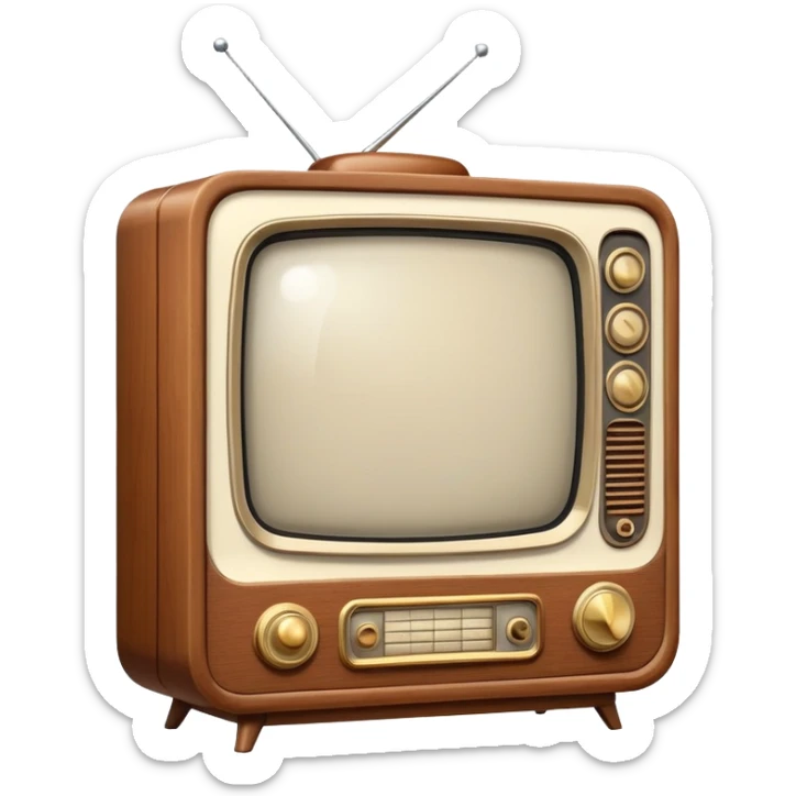 Vintage television from the 1960s with wooden cabinet, antenna, and round dials sticker