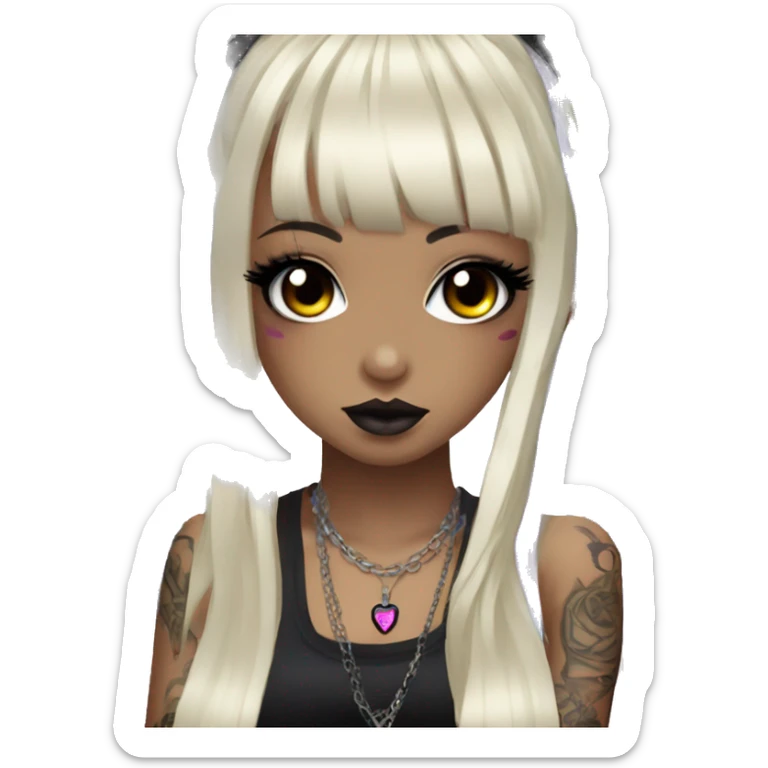 hime gyaru girl, long black hair with rainbow fringe, tattoos, dark makeup, goth grunge clothes sticker