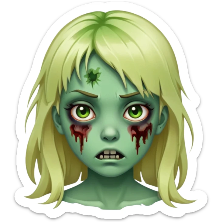 zombie girl with green skin, bruises, blonde long hair with bangs sticker