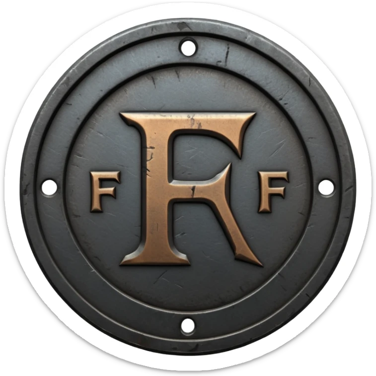 Minimal emoji, gothic metal coin made of black steel, engraved number f at the center, ancient industrial aesthetic, worn metal texture, no glow, no neon, flat emoji design, centered, transparent background sticker