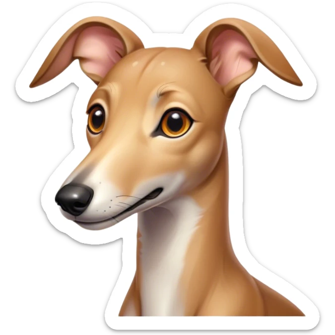 Cinematic Cute Fawn Greyhound Portrait Emoji, Head tilted playfully and inquisitively, featuring a sleek fawn Fur with a gentle sheen, round, sparkling eyes filled with curiosity, Simplified yet irresistibly adorable features, highly detailed, glowing with a warm, friendly glow, high shine, affectionate and nimble, stylized with a touch of whimsy, bright and endearing, soft glowing outline, capturing the essence of a mischievous yet loving racer, so playful it feels like it could sprint out of the screen and into your arms! sticker