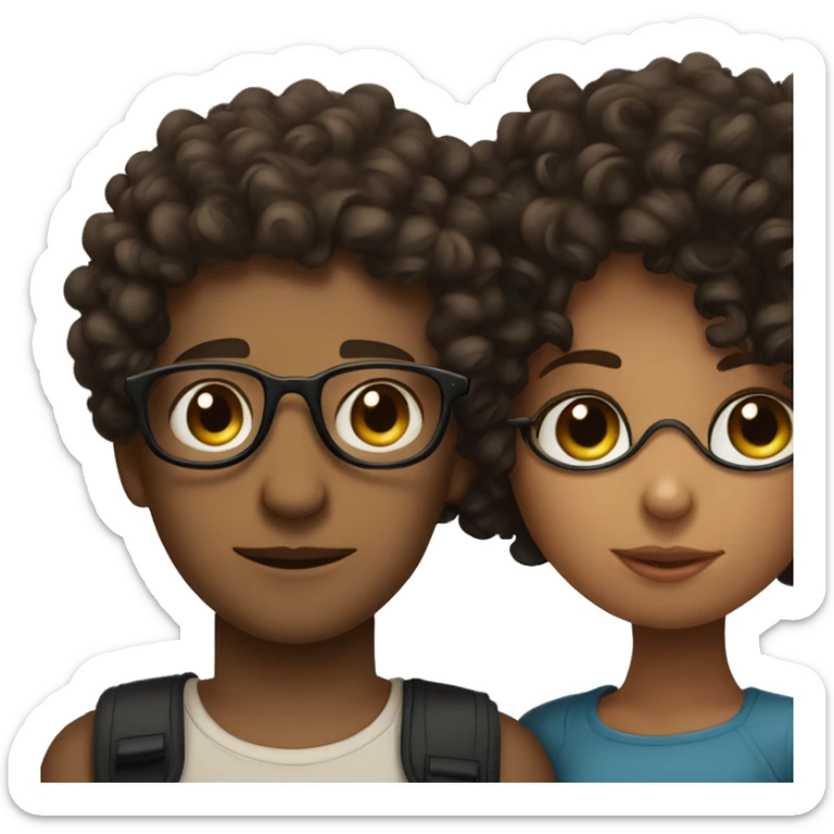 Curly haired boy with dark brown curls kissing a curly haired girl with black glasses sticker
