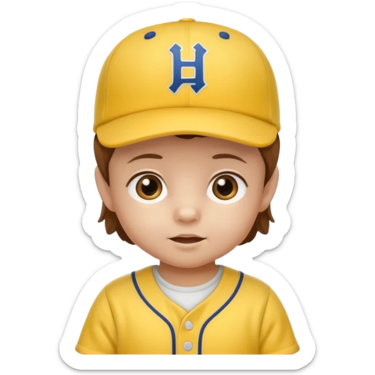 brown hair baby with yellow baseball ersey and hat sticker