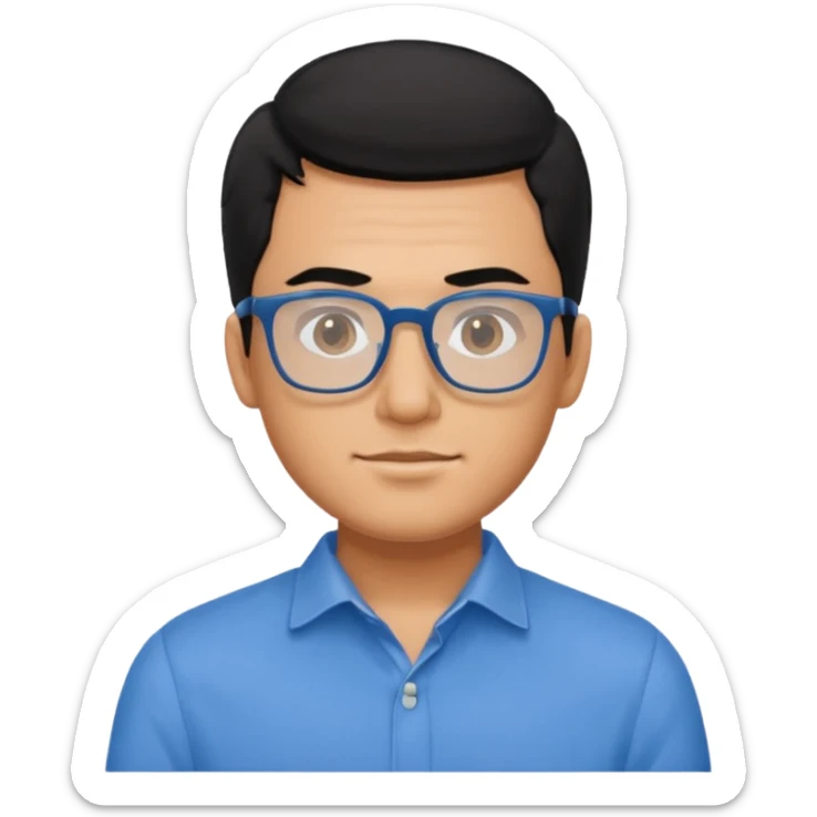 portrait of american man, wearing a blue shirt, square glasses, black hair sticker