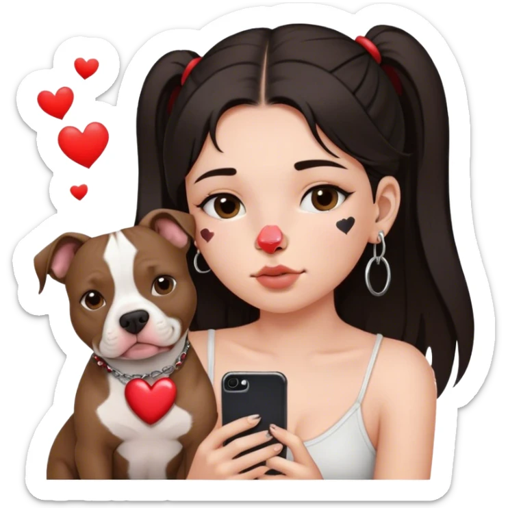 Young girl, with long dark hair,chop you around her face holds her phone sitting by her pitbull. She has a small septum ring in her nose and heart fly all around her. sticker