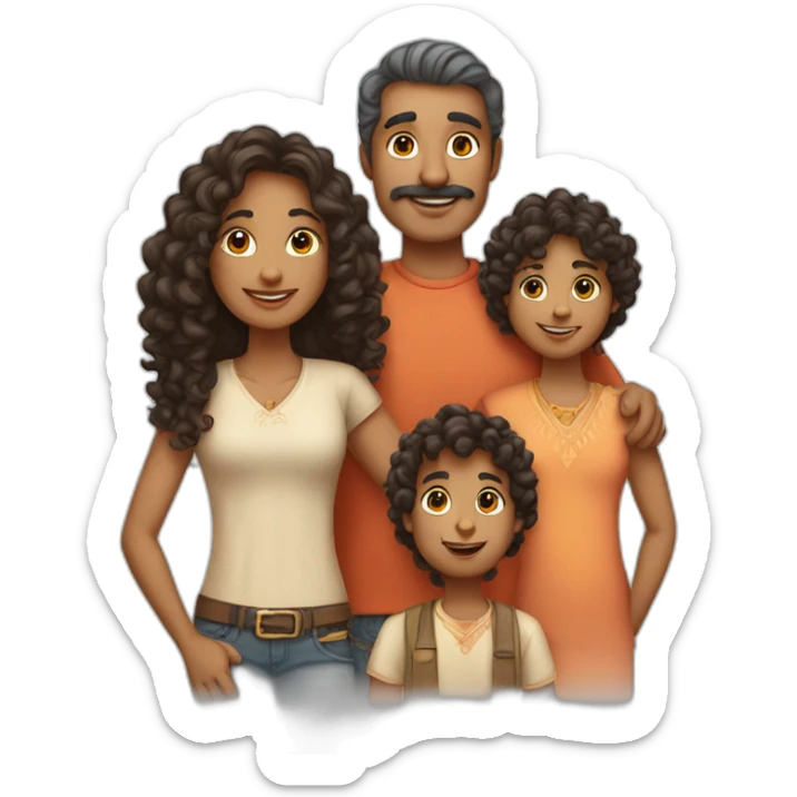 indian family with one dad and one son straight hair and one mom and one daughter curly hair sticker